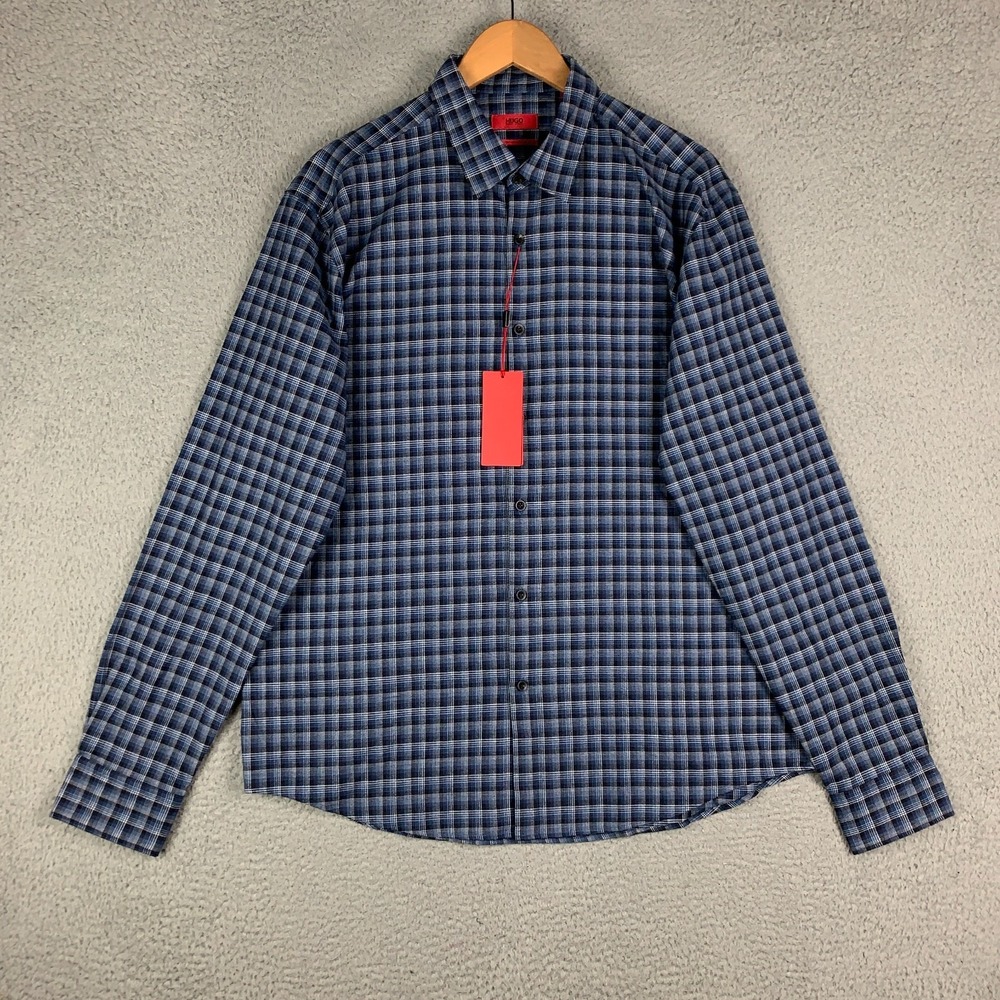 NWT Hugo‎ Boss Casual Shirt Men's XXL 2XL Bue Plaid Slim Fit Long Sleeve Flannel